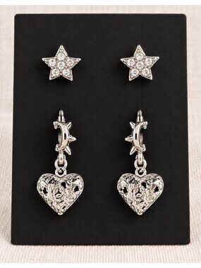 Star Heart Earrings 2 Pair Set Silvertone Rhinestone Stud Dangle Theater Gift